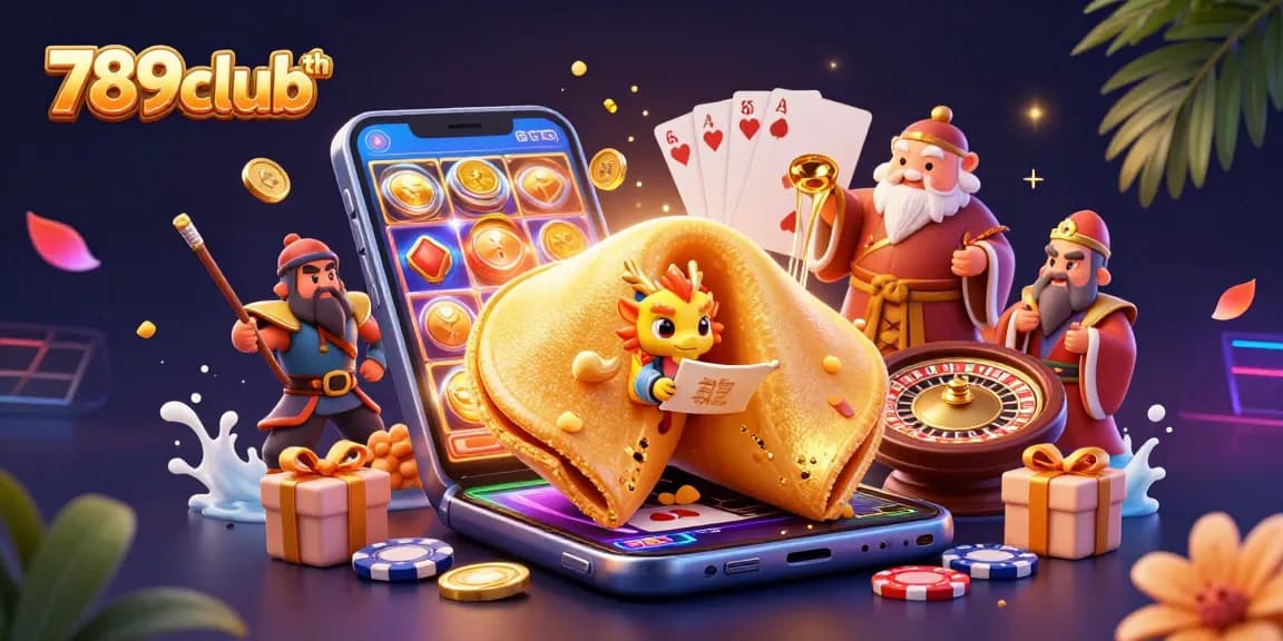Engage in thrilling 789clubth gaming with a giant golden fortune cookie scene filled with dynamic action.