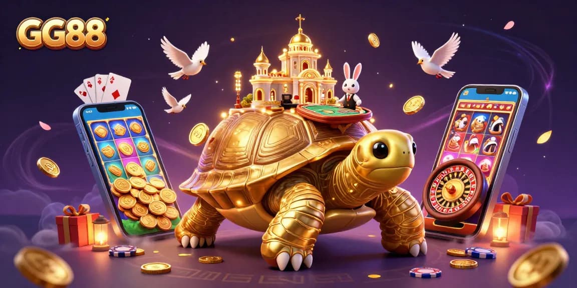 Win big with GG88 at a bustling casino, featuring a golden tortoise with games and coins!