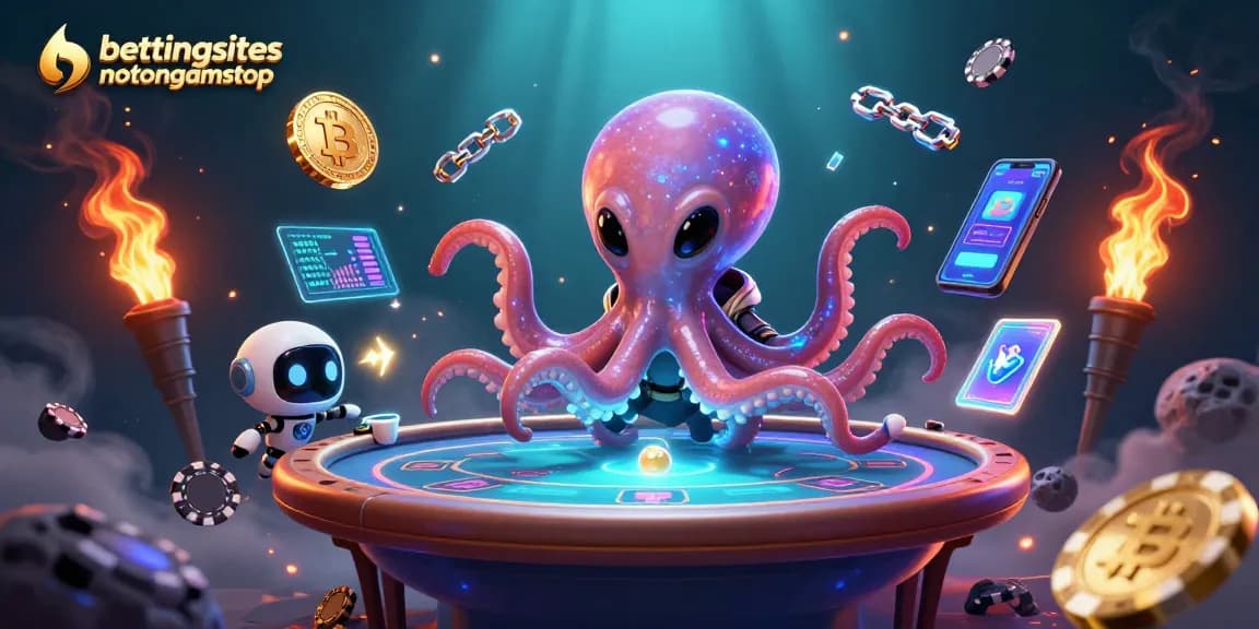 Betting with characters from bettingsitesnotongamstop, showcasing an alien octopus at a vibrant poker table.