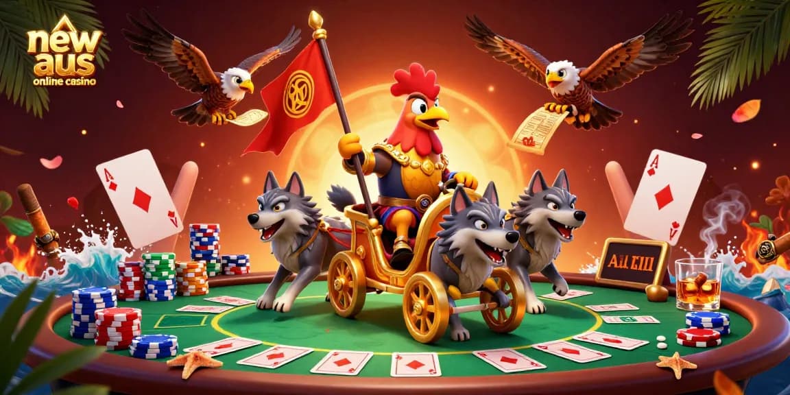 Experience the excitement of new aus online casino with a vibrant 3D illustration showcasing poker elements and dynamic characters.