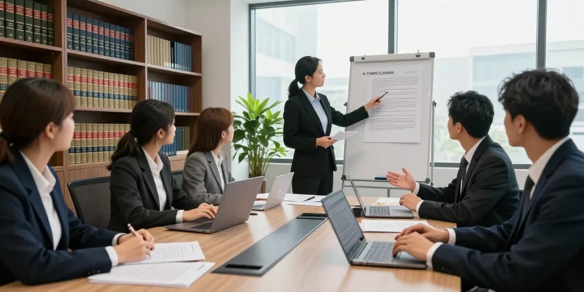 Lawyers in a professional setting discussing previous case files in a bright conference room