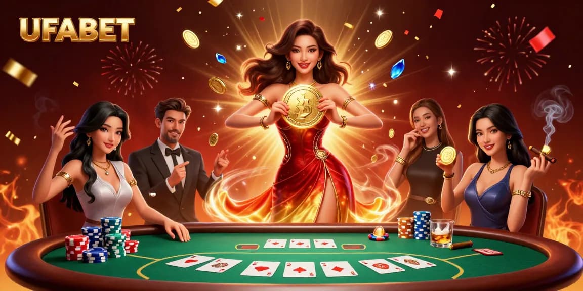 Experience the thrill of winning at UFABET with a stunning casino scene featuring poker elements.