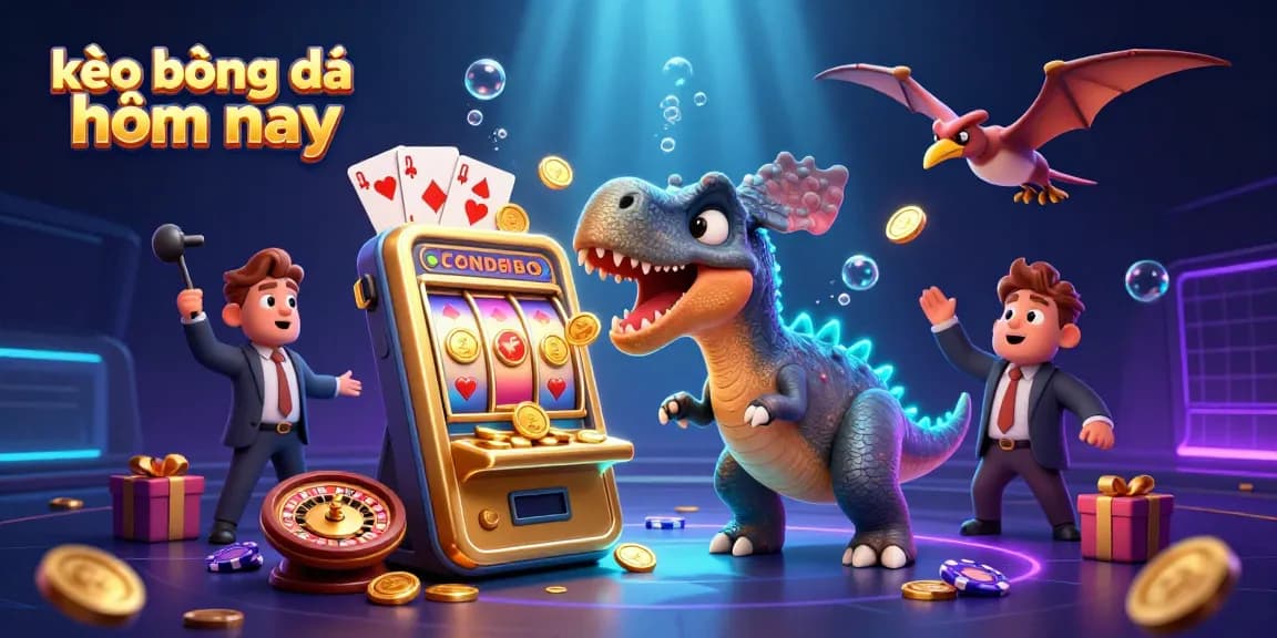 Catch flying coins with kèo bóng đá hôm nay in a vibrant 3D casino scene featuring unique characters.