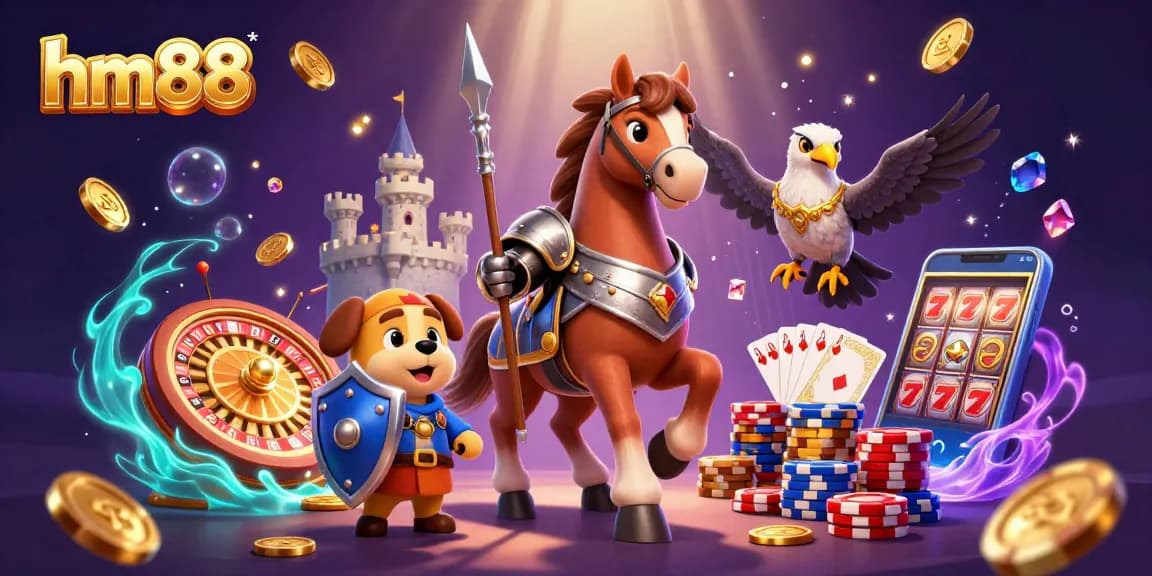 Bet on adventure with hm88's visual explosion of colorful casino elements and characters.
