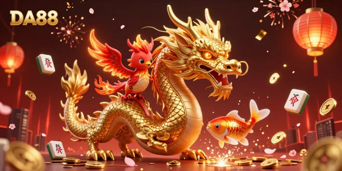 Engage with DA88 at a vibrant casino scene featuring a golden dragon and lucky symbols.
