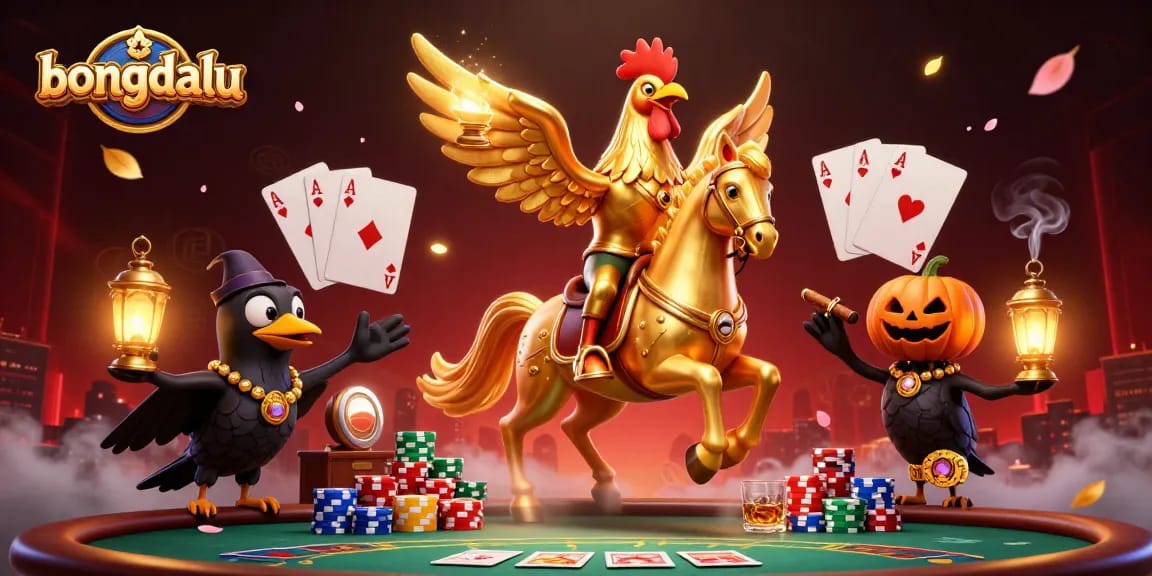 Engage with the exciting world of Bongdalu as a golden rooster ventures through a vibrant casino.