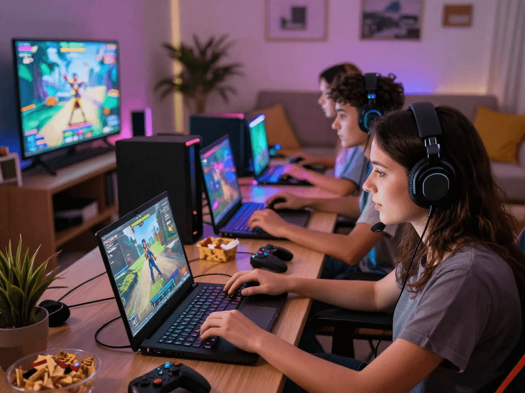 Engaging young adults playing interactive porngames in a vibrant gaming room with colorful lights.