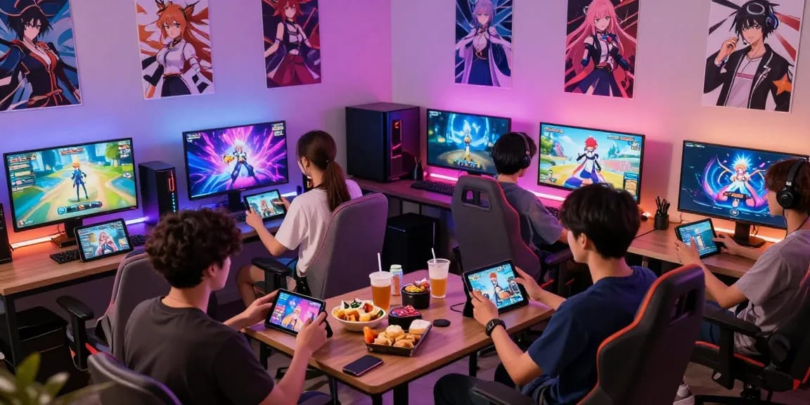 Engaging gaming scene featuring diverse characters from popular hentai ganes in a cozy lounge, showcasing immersive gameplay.