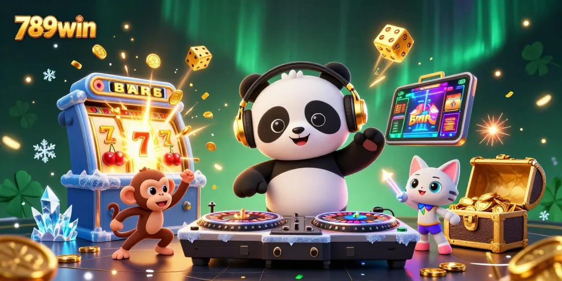 Experience the excitement of 789win with a vibrant 3D illustration of a DJ panda and friends celebrating a jackpot.
