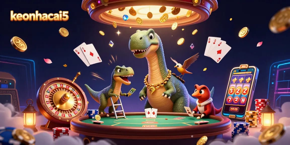 Engage with keonhacai5 as a dinosaur dealer distributes cards amidst cascading casino riches.
