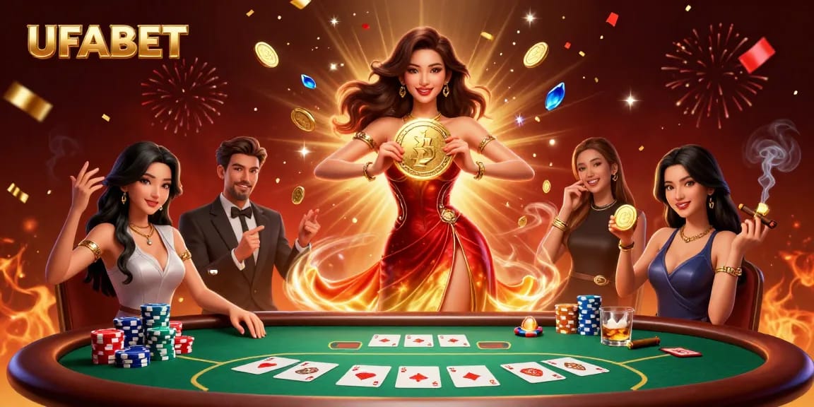 Experience the thrill of winning at UFABET with a stunning casino scene featuring poker elements.