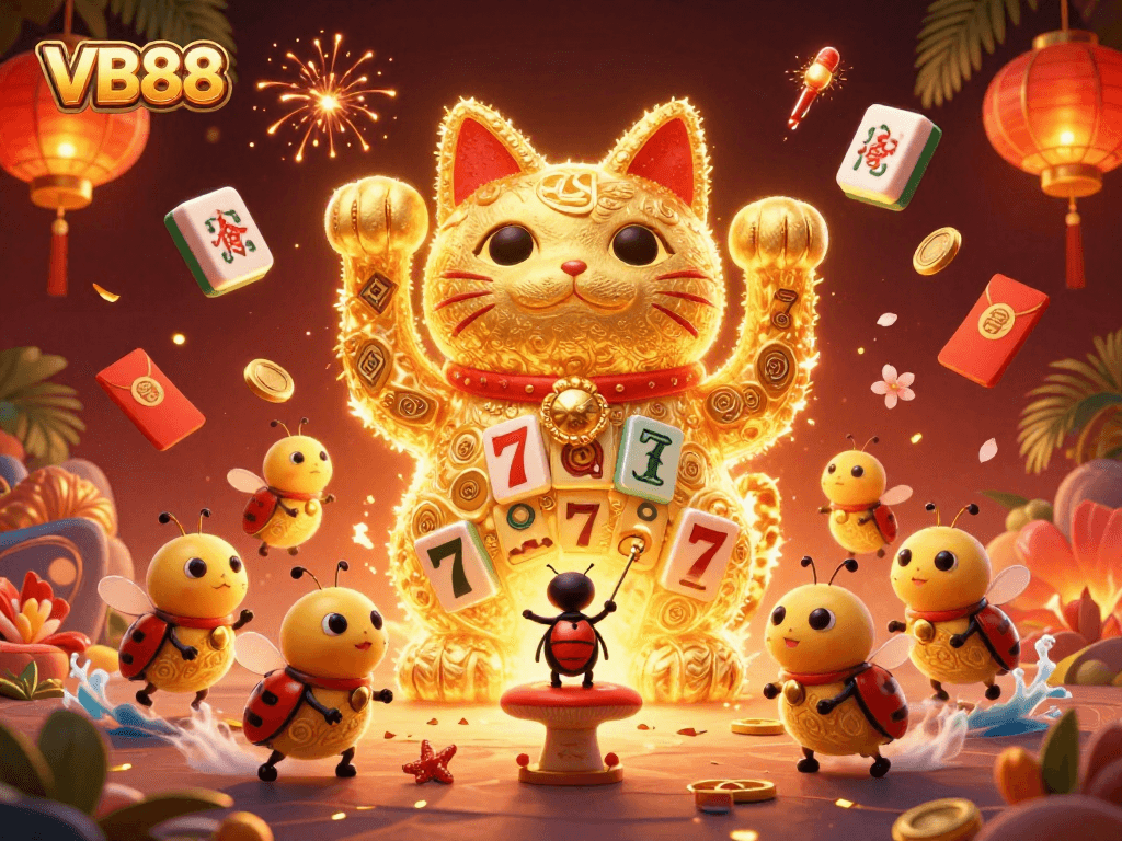 Experience the excitement of VB88 with a lucky cat and dynamic casino elements in 3D illustration.