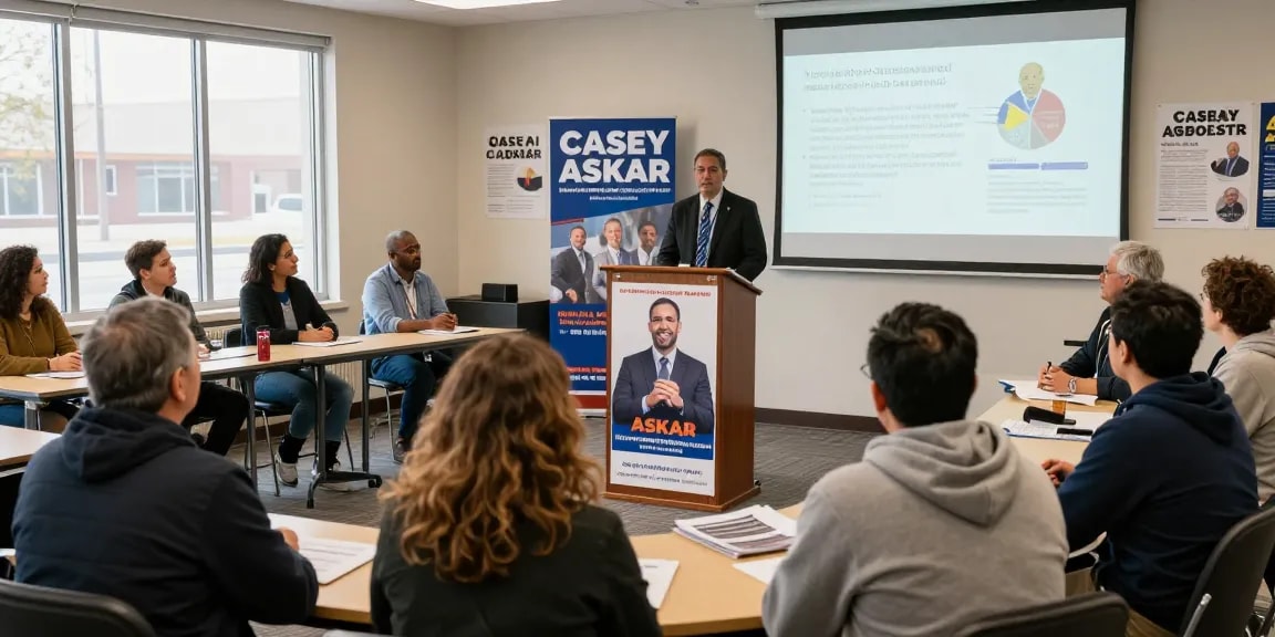 Voters engage with Casey Askar at town hall discussing transparency in his political campaign.