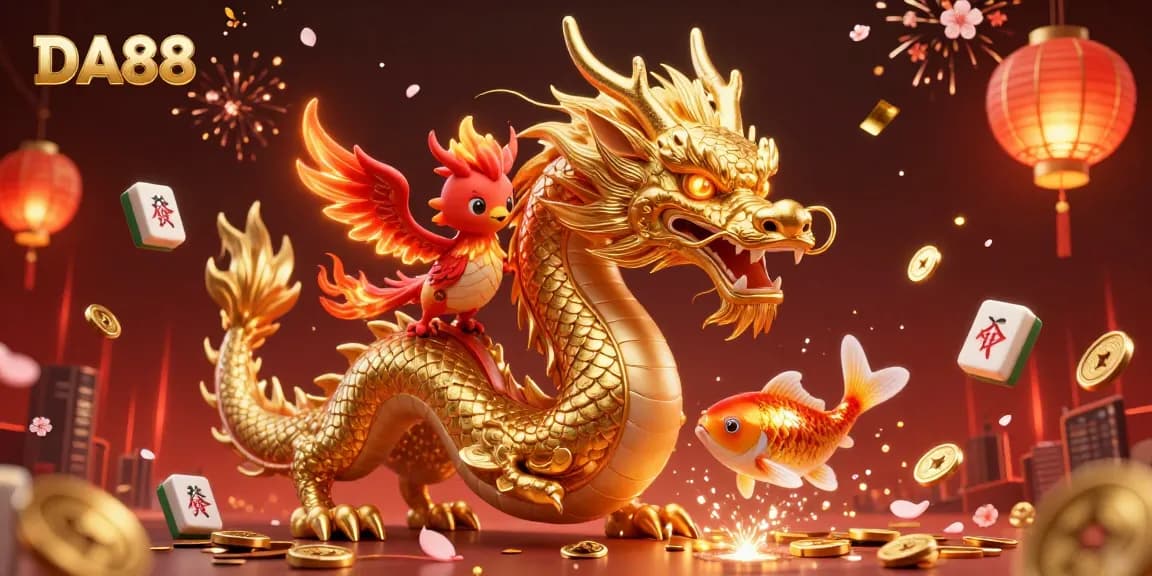 Engage with DA88 at a vibrant casino scene featuring a golden dragon and lucky symbols.