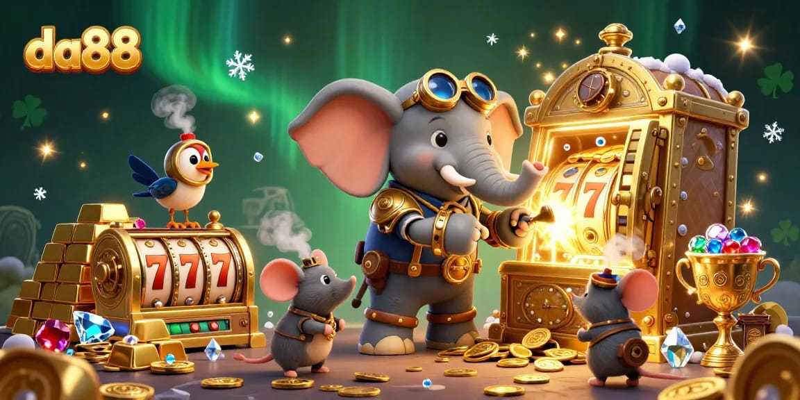 Win big at da88 with an engaging steampunk-themed illustration showcasing lucky slot machines and treasures.