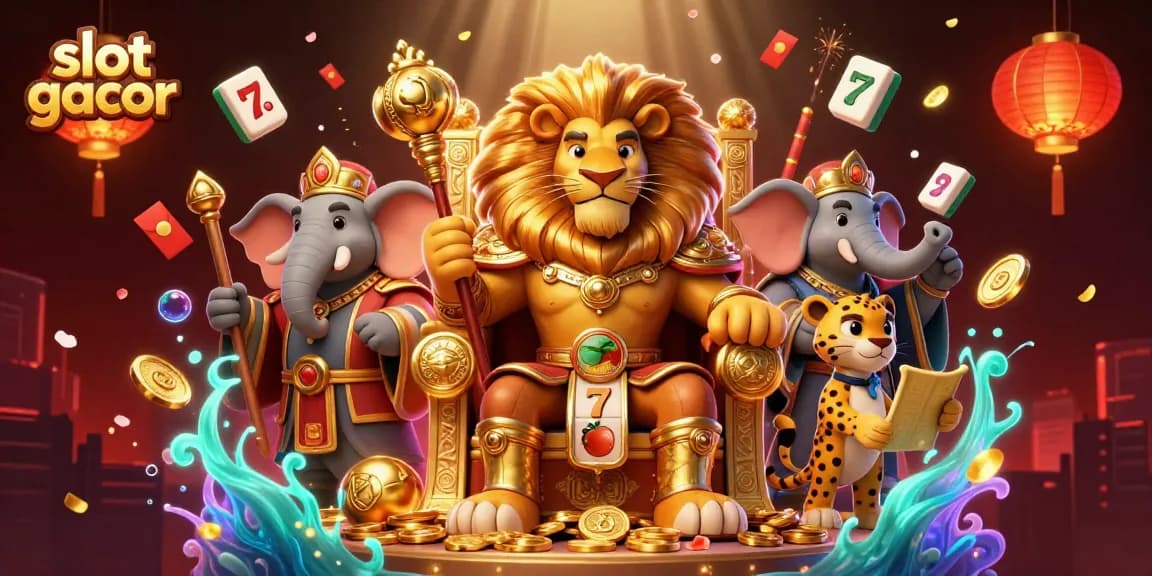Experience the thrill of slot gacor with a fierce lion king amid dynamic casino elements.