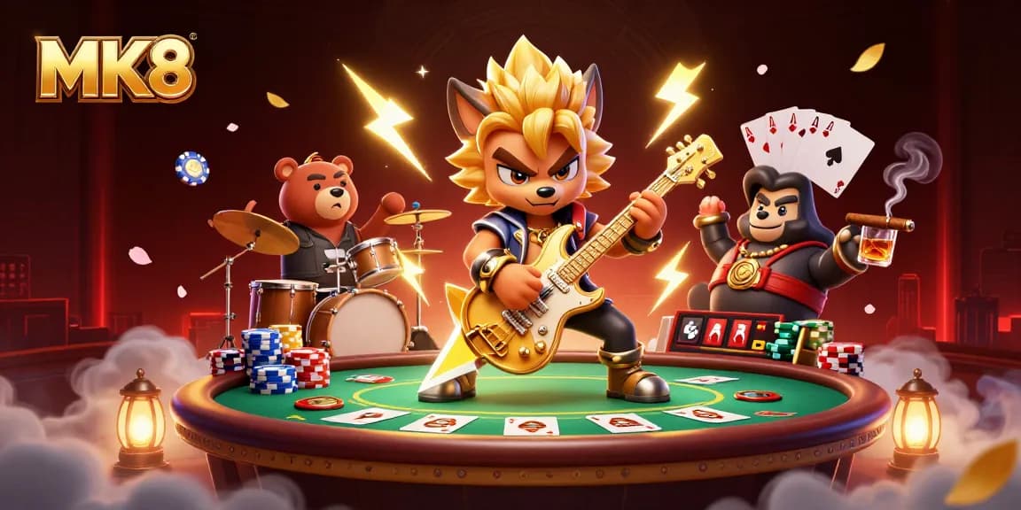 Engage with MK8's vibrant casino world featuring a rock star wolf and poker elements.