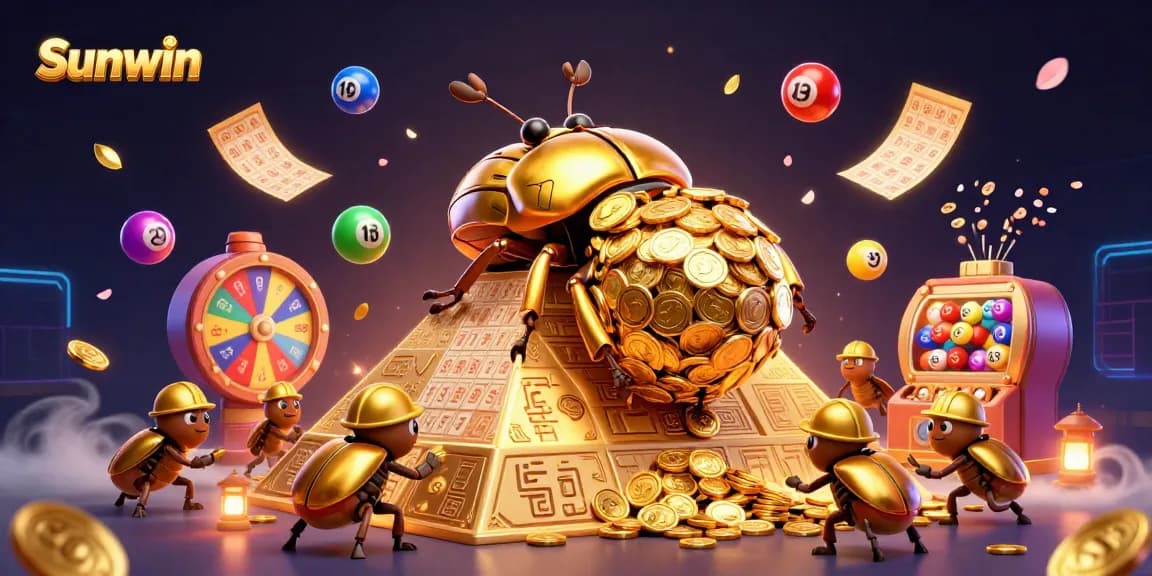 Experience thrilling gaming action with Sunwin's vibrant casino scene filled with golden coins and animated characters.