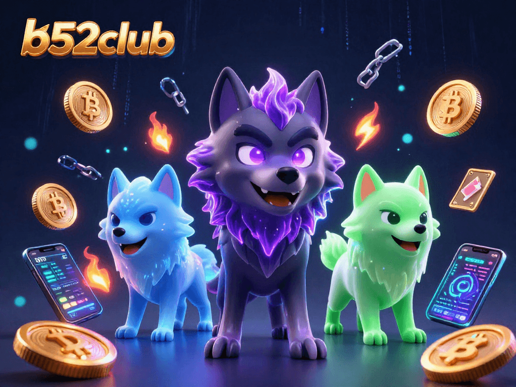 b52club captures the energy of digital gambling with ghostly wolves and crypto elements