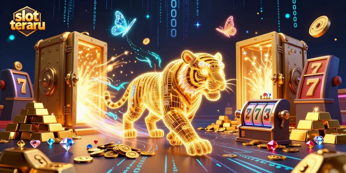 Explore slot terbaru in a vibrant digital casino where golden tigers roam amidst lush winnings.