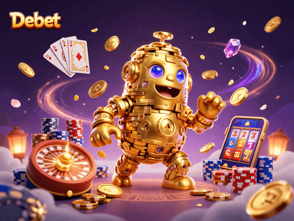 Experience the thrilling excitement of Debet at this vibrant casino illustration with golden golems and dynamic gaming elements.