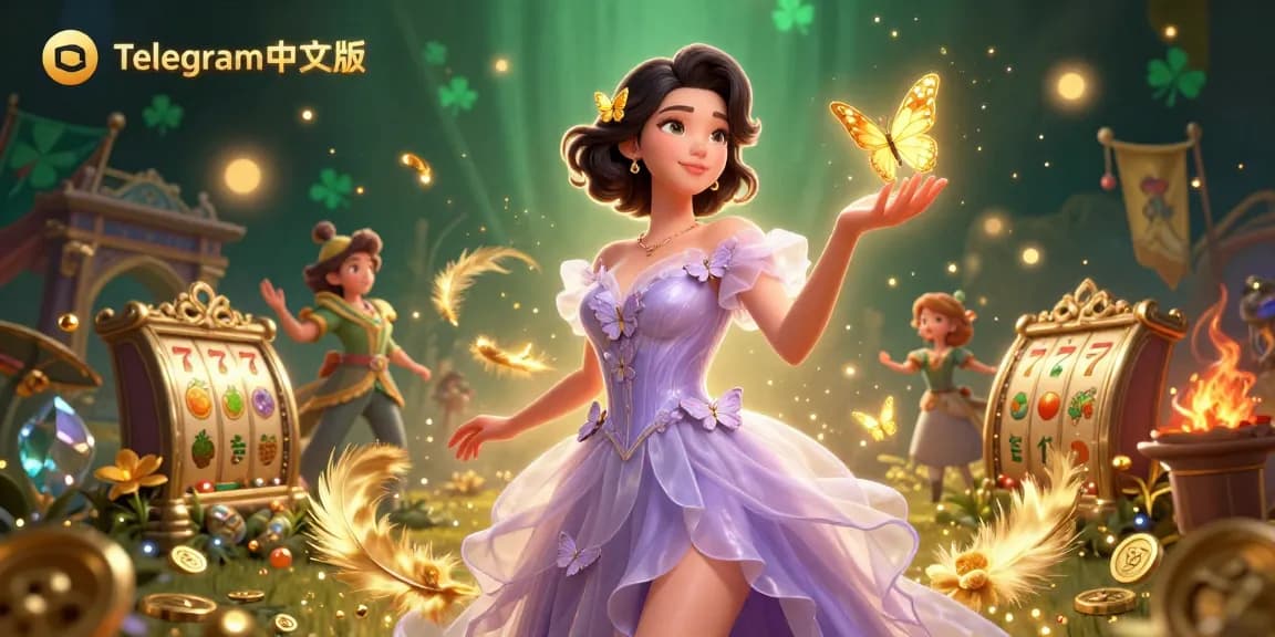 与充满活力的老虎机元素和金色蝴蝶环绕的Telegram中文版体验胜利时刻。