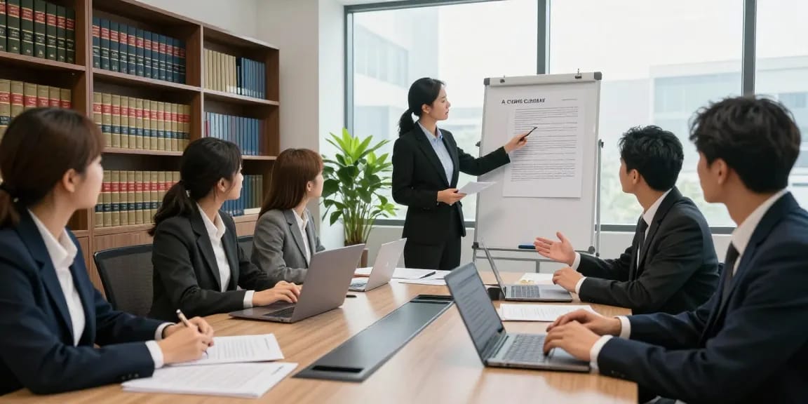 Lawyers in a professional setting discussing previous case files in a bright conference room
