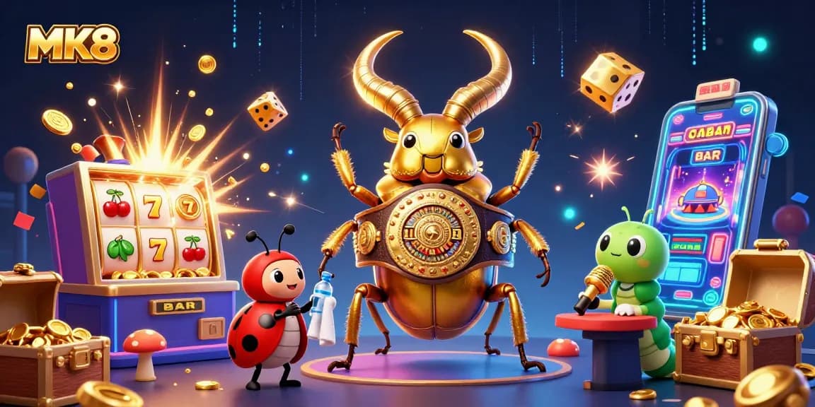 Experience thrilling MK8 casino action with vibrant games and whimsical characters in this dynamic illustration.