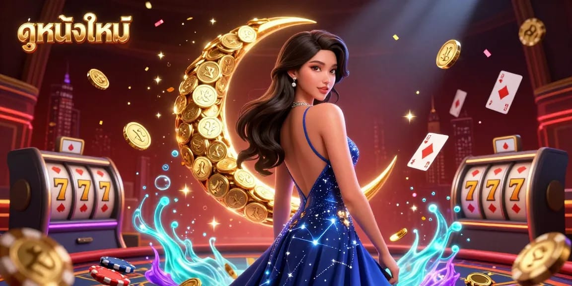 Engage with ดูหนังใหม่ as casino games come alive, featuring an elegant woman amidst dynamic gaming elements.