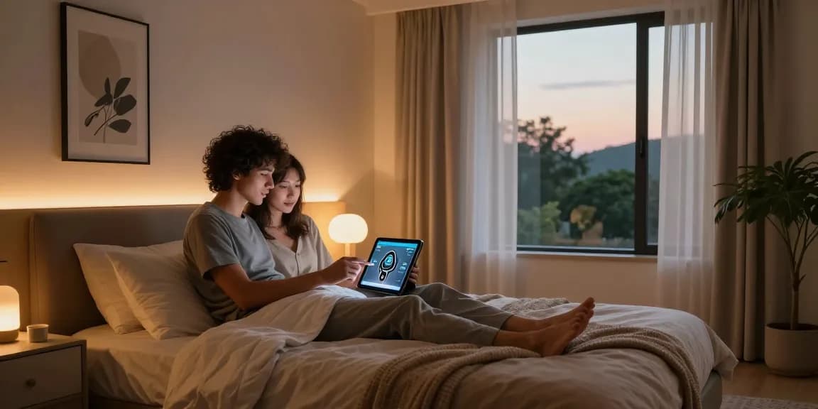Couple engaging with AI sex companion in cozy bedroom.