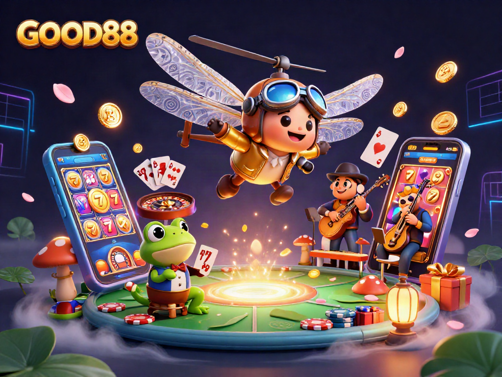 GOOD88 celebrates gaming thrills with a vibrant casino scene showcasing a dragonfly pilot, frog croupier, and jazz musicians.