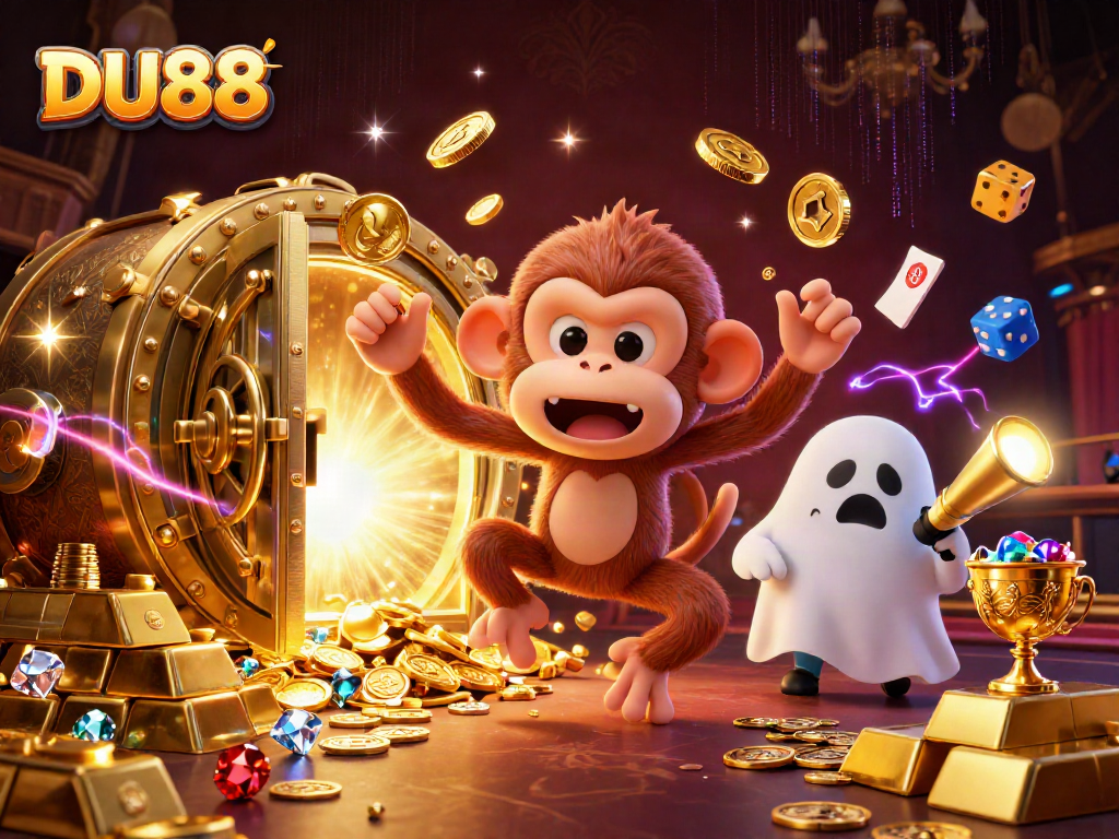 DU88 offers immersive gameplay as a playful poltergeist monkey juggles golden coins and gems.