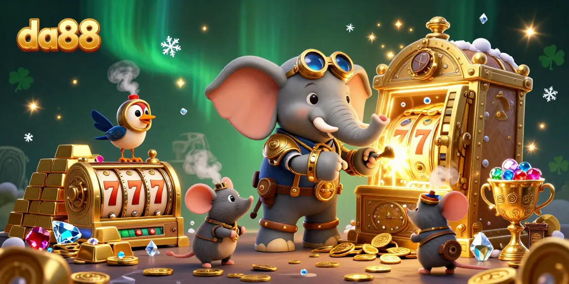 Win big at da88 with an engaging steampunk-themed illustration showcasing lucky slot machines and treasures.