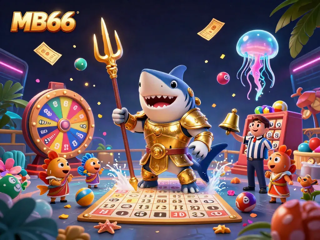 Experience the excitement of MB66 with a dynamic underwater casino scene featuring a shark in gladiator armor.