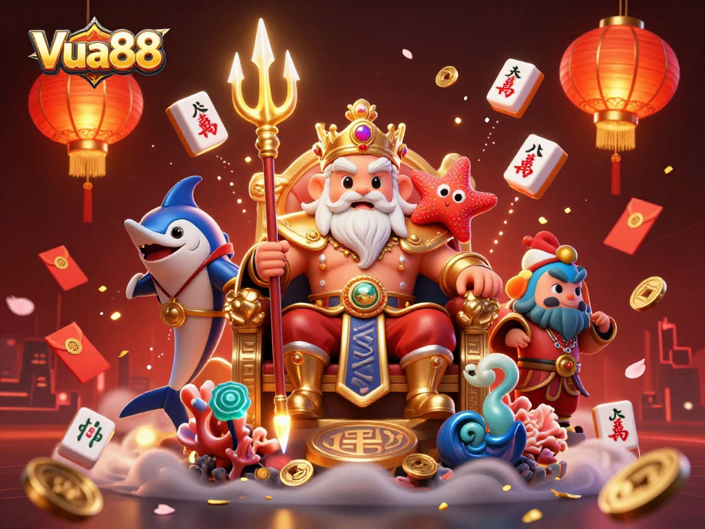 Vua88's immersive casino experience showcases Neptune and samurai in vibrant action.