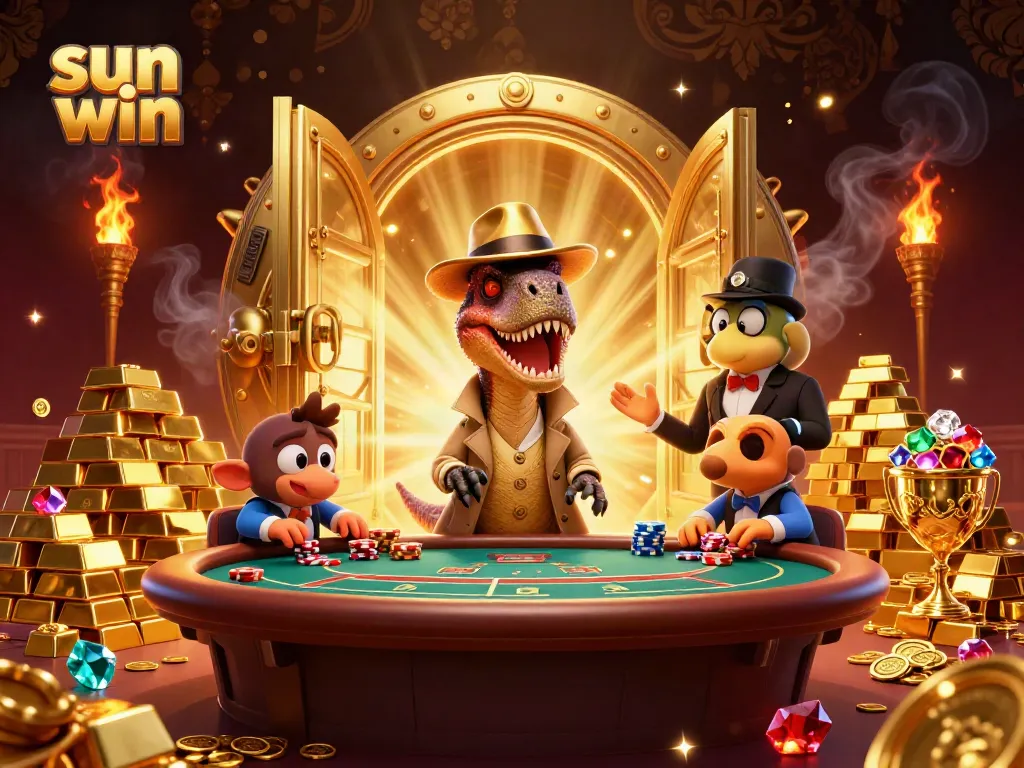 Experience thrilling action at sun win casino with velociraptor at blackjack table, gold and gems all around.