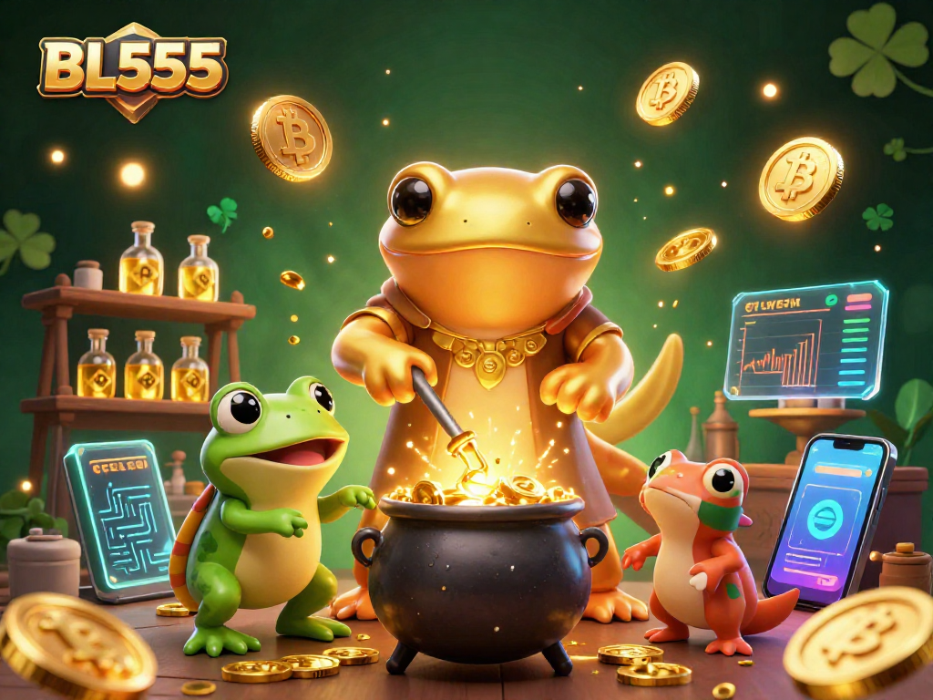 Experience thrilling gameplay at BL555 with vibrant casino characters and dynamic crypto elements.