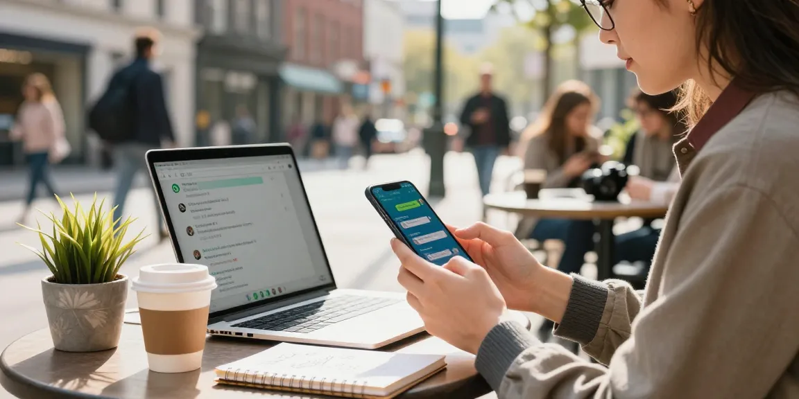 Person casually using WhatsApp下載 on a smartphone at an outdoor café table, surrounded by vibrant city life.
