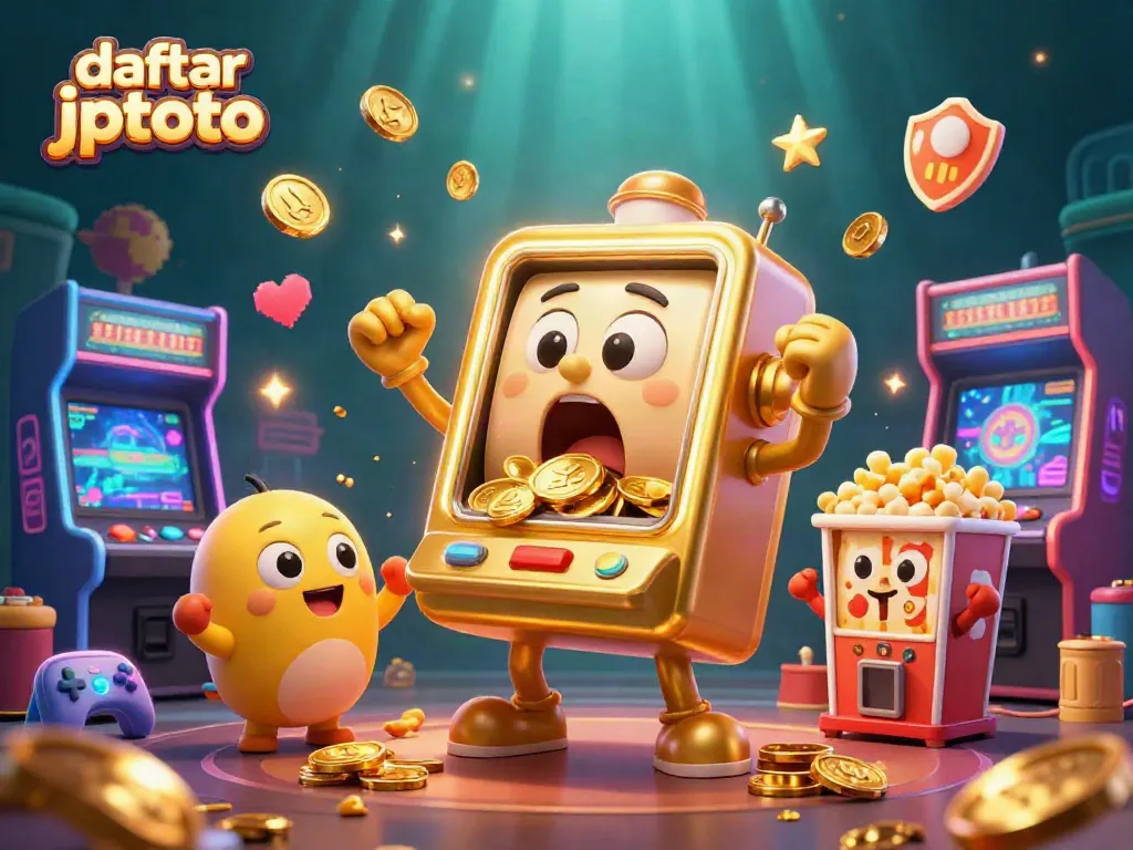 daftar jptoto inspires excitement as a golden slot machine hits a jackpot amidst colorful casino elements.
