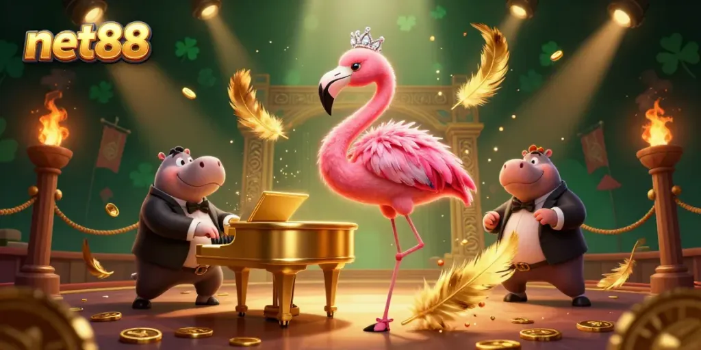 Experience excitement with net88 in this vibrant casino scene featuring lively characters and rich details.