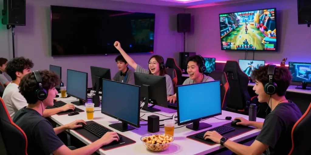 Experience GEM88's vibrant gaming atmosphere with friends in a lively lounge setting.
