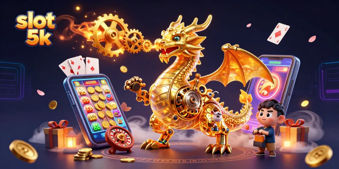 Experience thrilling wins with slot 5k as the golden dragon breathes gears amidst vibrant gaming elements.