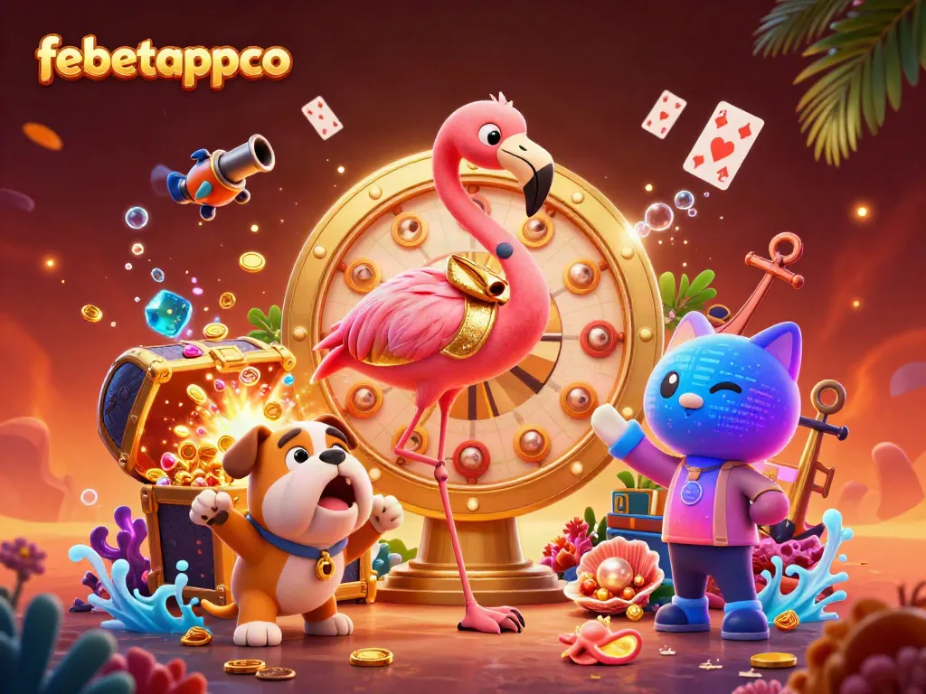 Win big with febetappco in a vibrant 3D casino scene featuring colorful prizes and exciting characters.