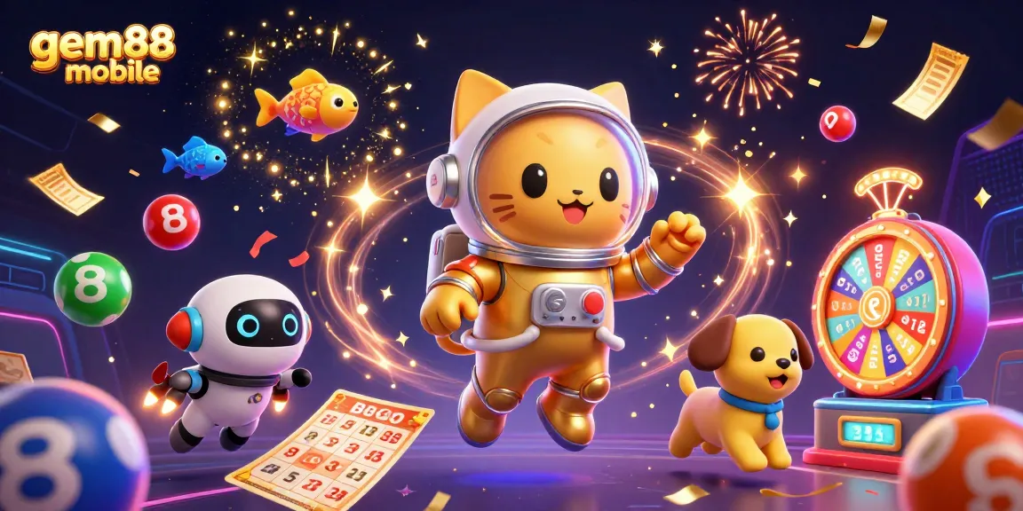 Experience the excitement of gem88 mobile with a joyful astronaut cat, lottery balls, and a festive atmosphere.