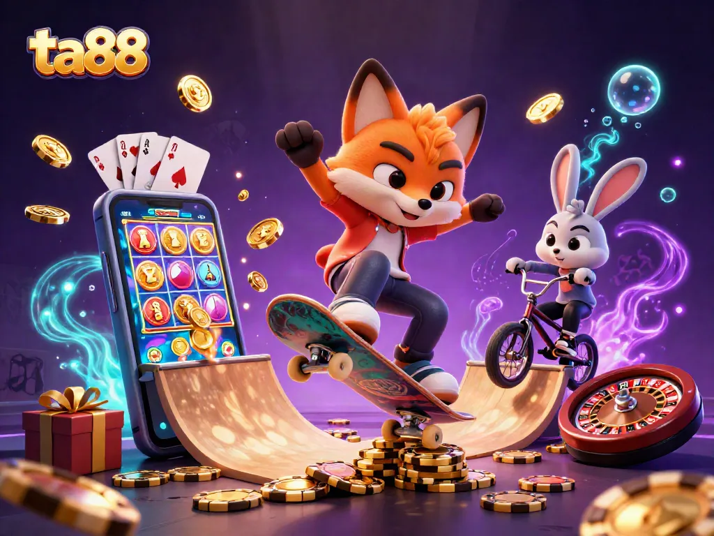 Place bets and win big with ta88, featuring a skateboarder fox and BMX rabbit amidst casino symbols.