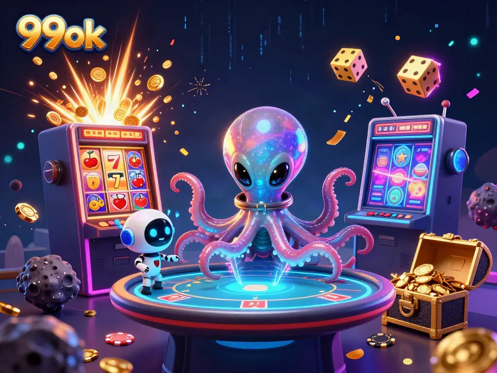 Engage in thrilling action at 99ok with a dynamic alien octopus poker scene, exciting gameplay visuals.