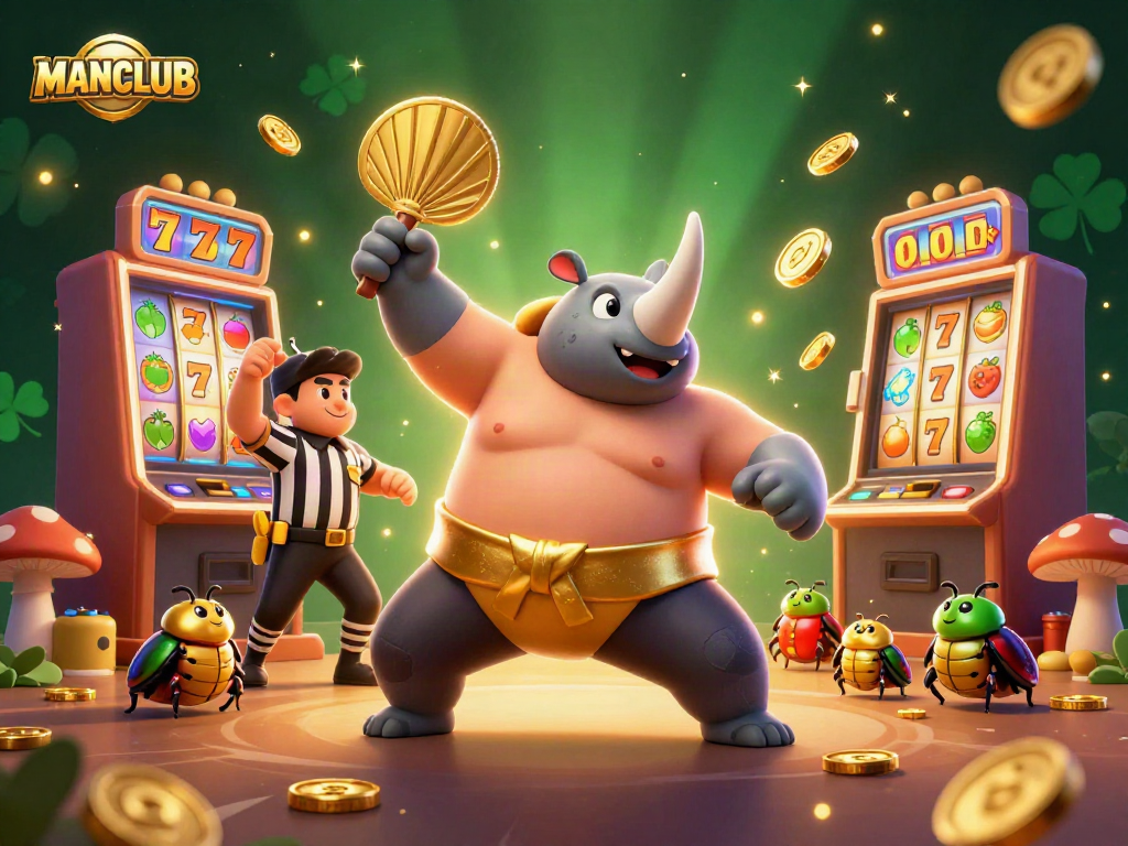Engage with MANCLUB gameplay as the sumo champion beetle triumphs amidst flying coins and vibrant slot machines.