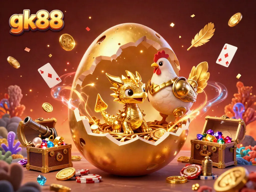 Gamble with gk88's epic golden dragon guarding poker chips in this vibrant casino scene.