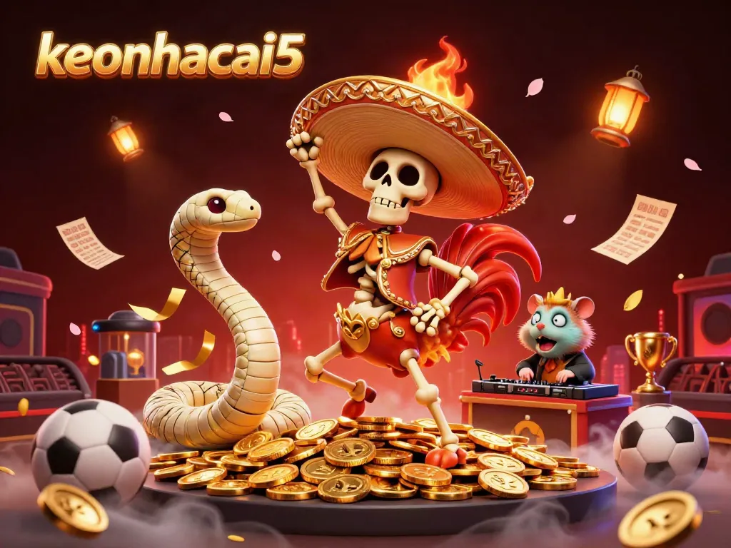 Engaging keonhacai5 scene with skeleton mariachi, mummy snake, and sports betting elements.