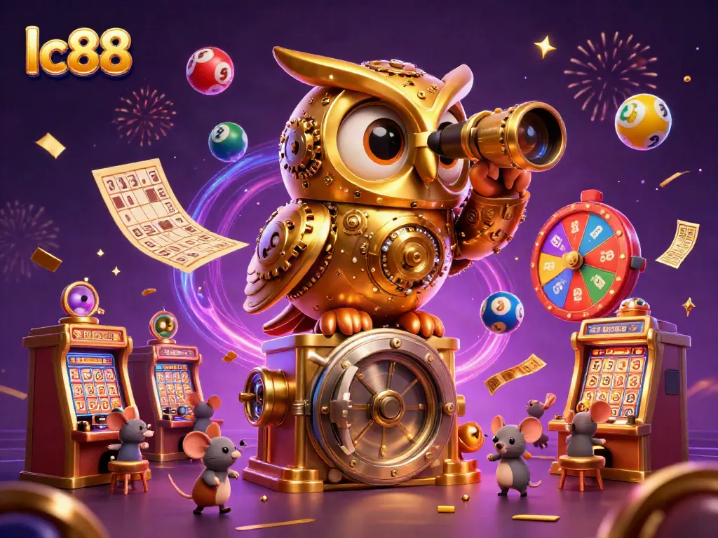 Engage with lc88 as the clockwork owl surveys a vibrant casino scene filled with games and excitement.